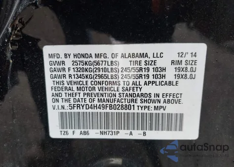 2015 Acura Mdx Technology Package z USA, uszkodzony, nr VIN 5FRYD4H49FB028801